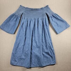 ONLY Blue Denim Womens Hermione Dress Size 42 Off-Shoulder 3/4 Sleeve Smocked